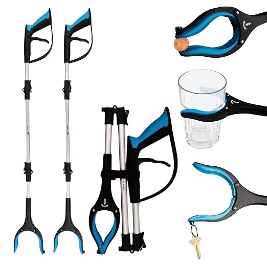 LIFE WORKS Reacher Grabber Tool, 360° Rotating Head, 4.5” Jaw Opening, Ergonomic Handle, Folds for Storage, Aids in Reaching Items High or Low, Surgery Recovery, Hip Replacement (2 Pack)