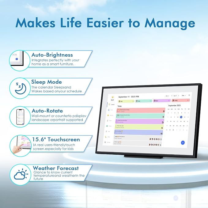 15.6" Digital Calendar Smart Chore Chart & Electronic Planner | IPS Touchscreen Sync Google/iCloud Meal Planner,Wall/Desk Mount Digital Photo Frame Gift for Mom Black