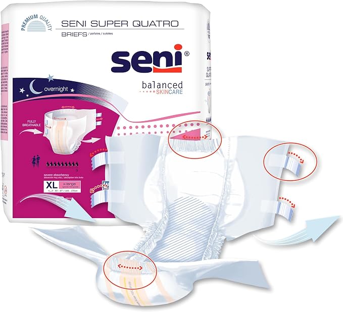 Seni Super Quatro Unisex Adult Incontinence Briefs with Tabs, Size X-Large (55"-67"), 16 Count (2 Packs of 8), Severe Absorbency, Disposable Overnight Briefs for Men & Women