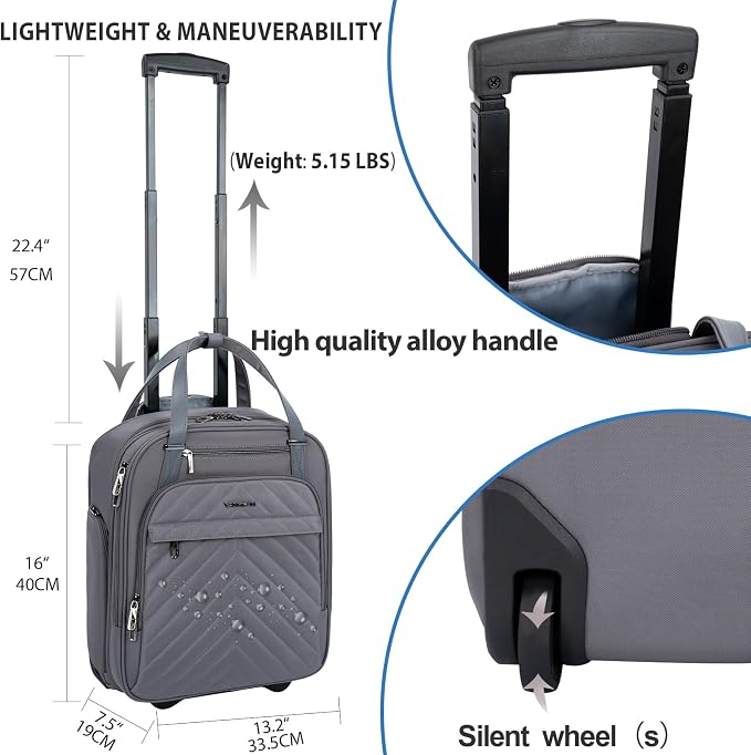 VANKEAN Carry On Underseat 16-inch Multi-functional Underseater Lightweight Overnight Suitcase with Wheels, Roller Case for Men Women Travel Business, Dark Grey