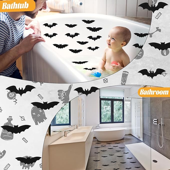 24 Pcs Non Slip Black Bat Bathtub Stickers for Kids Halloween Horror Bath Treads Adhesive Anti Slip Shower Decal Threads with Scraper for Kid Toddler Bath Tub and Shower Floor Bathroom Decor