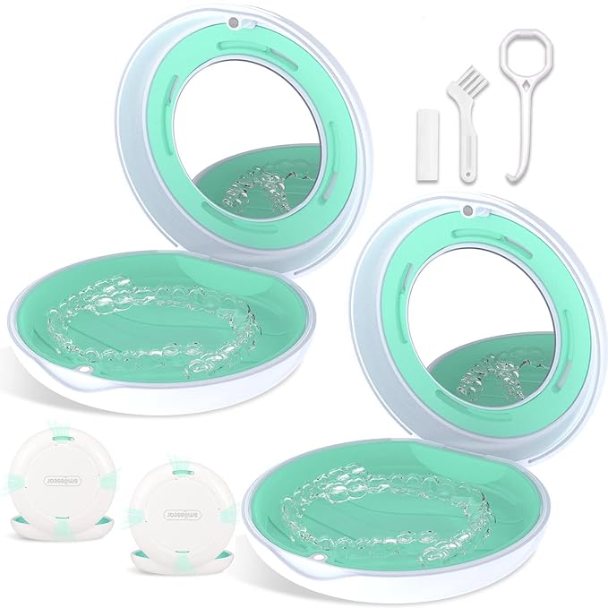 2PCS Retainer Case with Mirror and Adjustable Vent Holes, Cute Slim Aligner Case Compatible with Invisalign, Night Mouth Guard Case, With Retainer Remover Tool, Chew & Brush, White+White