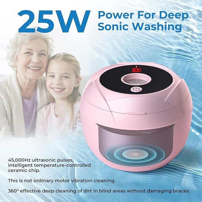 Ultrasonic Retainer Cleaner Machine, 45kHz Dental Cleaning Pod for Denture, Mouth Guard, Night Guard, Aligner, Braces, Toothbrush, 200ML Denture Cleaner with Digital Timer & 4 Modes, Pink