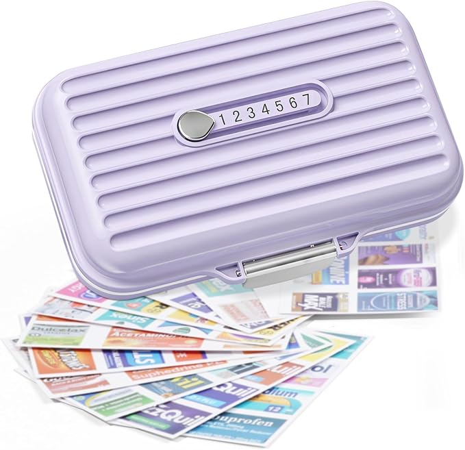 Travel Pill Organizer Box with Medicine Labels, 7 Compartments Portable Pill Case, Daily Medication Organizer Storage Pill Container for Pocket Pharmacy(Purple, L)