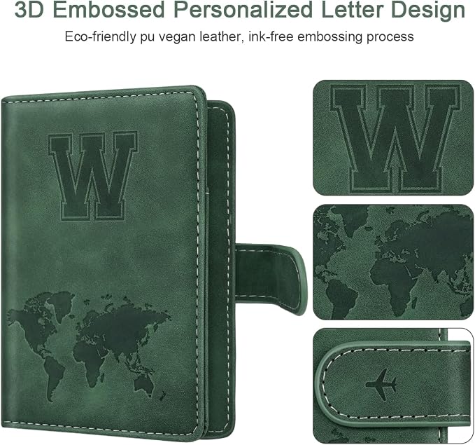 Passport Holder Wallet Cover Personalized Initial Travel Essentials | Embossed Letter A-Z Design, Travel Wallets, RFID Blocking, Passport Book Holders, Women and Men, Personalized Gifts, Green-W