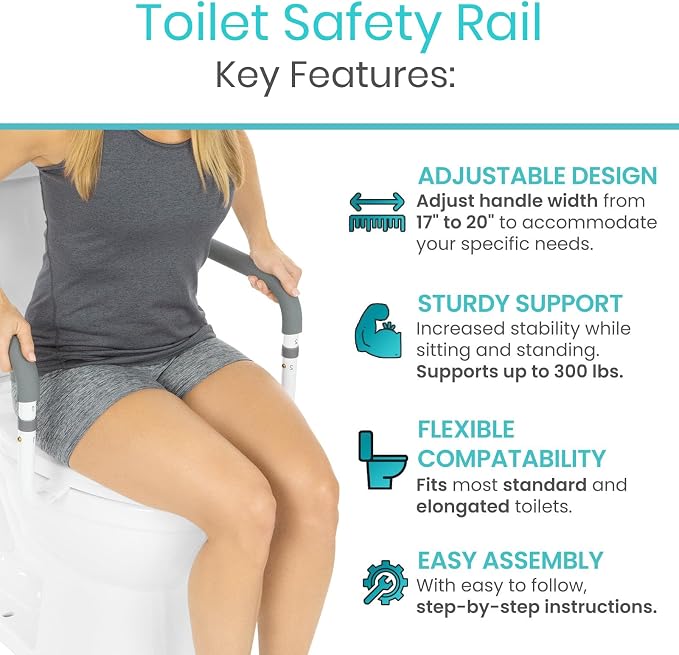 Vive Toilet Safety Rail - Adjustable Grab Bar - Compact Support Frame | Handrail for Bathroom Toilet Seat - Easy Installation for Handicap Senior Bariatrics, Elderly Balance - Padded Hand Armrest