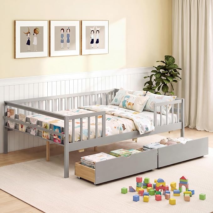 Giantex Full Kids Bed with Storage Drawers, Wood Montessori Bed with Rails & Side Shelf, Low Daybed Bed Frame for Boys Girls, No Box Spring Needed (Grey)