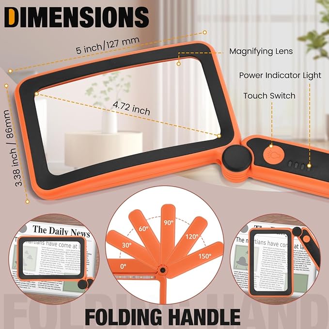 Rechargeable Magnifying Glass with Light for Reading, 5X Large Page Lighted Magnifier for Seniors Low Vision, Folding Handheld Rectangle Magnifier for Reading Small Print Orange-Black