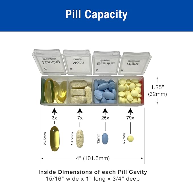 MedCenter HSA/FSA Travel Pill Organizer with Zipper Pouch & Tweezers – Portable 4-Day Medication Case with Labeled Compartments for Travel, Vitamins & Supplements