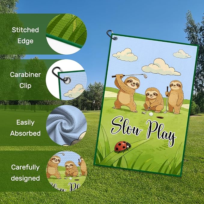 Slow Play Golf Towel with Clip, Funny Sloth Golf Bag Accessories for Men, Golfing Accessories for Men Women, Golfing Gifts for Sloth Sport Lover, Birthday Retirement Gifts for Golfer Fan Friend