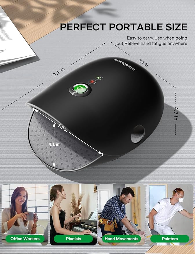 Medisana Hand Massager with Heat and Compression, Cordless Hand Massager for Arthritis and Carpal Tunnel Relief, Knuckle Stretching Massage, Birthday Christmas Gifts for Men Women Dad Mom-Black