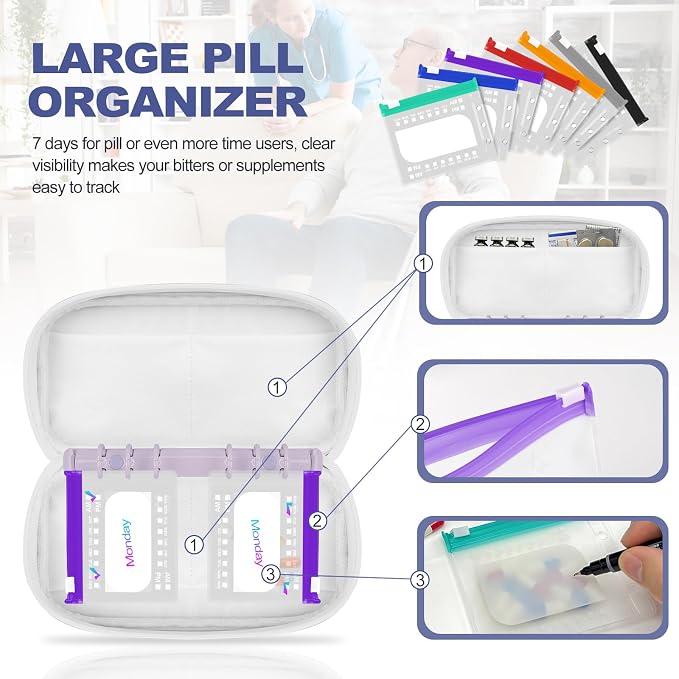 Weekly Pill Organizer 2 Times a Day – Timueetech A6 Waterproof 14 Pouch Bags for Travel, BPA-Free Medication Storage with Labels & Self-Sealing for Vitamins & Supplements, Purple