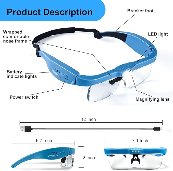 Magnifying Glass with Light Hands Free, Rechargeable Magnifying Glasses Headset with 5 Detachable Lenses and Storage Case for Close Work, Reading, Jewelry Making Crafts (Blue)