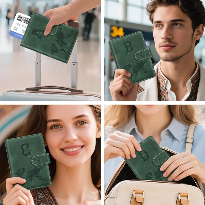 Passport Holder Wallet Cover Personalized Initial Travel Essentials | Embossed Letter A-Z Design, Travel Wallets, RFID Blocking, Passport Book Holders, Women and Men, Personalized Gifts, Green-B