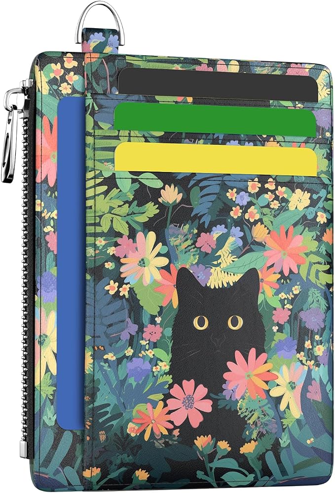 Hancynir Black Cat Slim Wallet Women Credit Card Holder, Cute Small RFID | Zipper Pocket Wallet, Thin Travel Coin Purse, PU Leather, Minimalist Card Case, 6 Card Slots, ID Window, Ladies Women Gifts