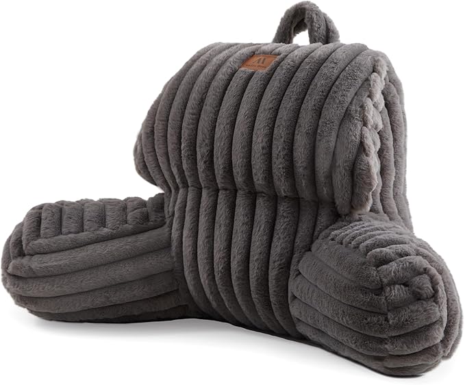 Amélie Home Faux Fur Reading Pillow with Pocket for Sitting in Bed, Kids Backrest Bed Pillow with Washable Cover for Lounging, Study & Relaxing, Grey 17 inches