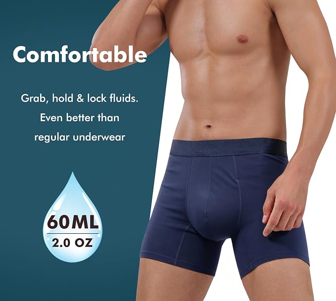 AIRCUTE Washable Absorbency Incontinence Underwear for Men, 6" Inseam Urinary Protective Boxer Briefs for Bladder Leaks 60ML (Medium, Blue)
