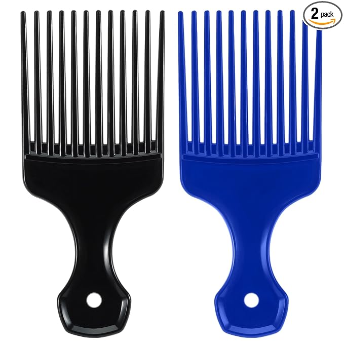 SIMPOR 2 Pcs Hair Pick Comb Wide Tooth Lift for Hair Styling Detangling, Plastic Afro Pick for Women Men, Fist Picks for Curly and Afro Hair (Black, Blue)