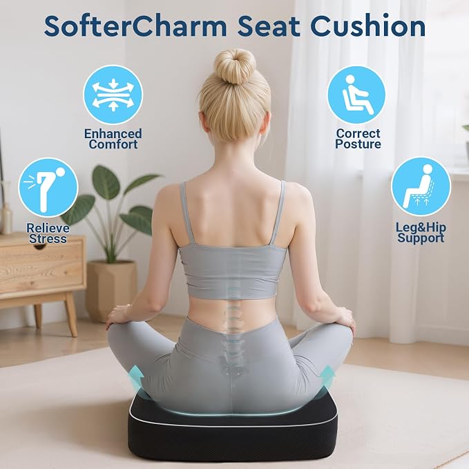 Seat Cushion, Memory Foam Office Chair Cushion, Black, Large | Office Desk Accessories, Butt Pillow for Long Sitting Sciatica, Coccyx, Tailbone, Hip Pain Relief - for Home, Car, Airplane