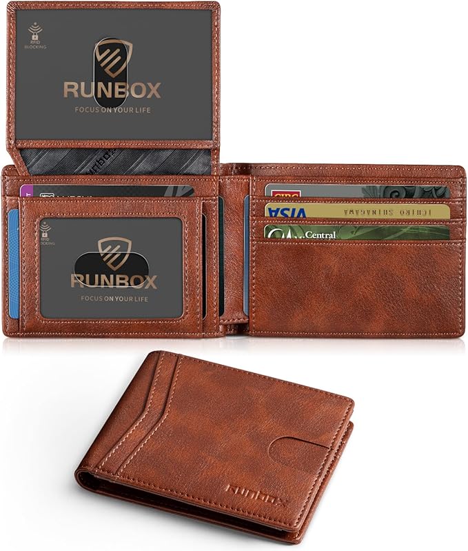 RUNBOX Wallet for Men -Slim Rfid Leather Mens Bifold Novelty Wallets 2 ID Window With Gift Box Men's Accessories | Minimalist Front Pocket Design, Holds 15 Cards, Large Capacity with Cash Pocket,Compact and Thin, Birthday Gifts for Men