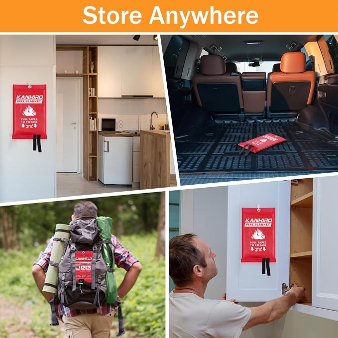 kanhiro Emergency Fire Blanket for Home Kitchen Fiberglass Fire Suppression Blanket Great for School, Fireplace, Grill, Car, Office, Warehouse (8 Pack, 39 in X 39 in)