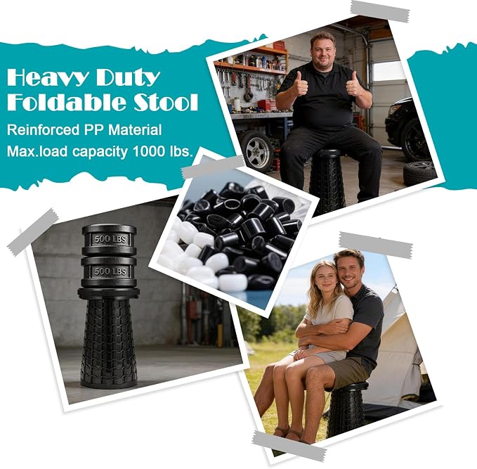 Collapsible Stool with Cushion,1000 lbs Capacity,19.7-in Adjustable Height | Wider & Taller Heavy Duty Portable Telescoping Folding Seat Chair for Adults Camping,Fishing,Travel,Queue Wait,Stadium View