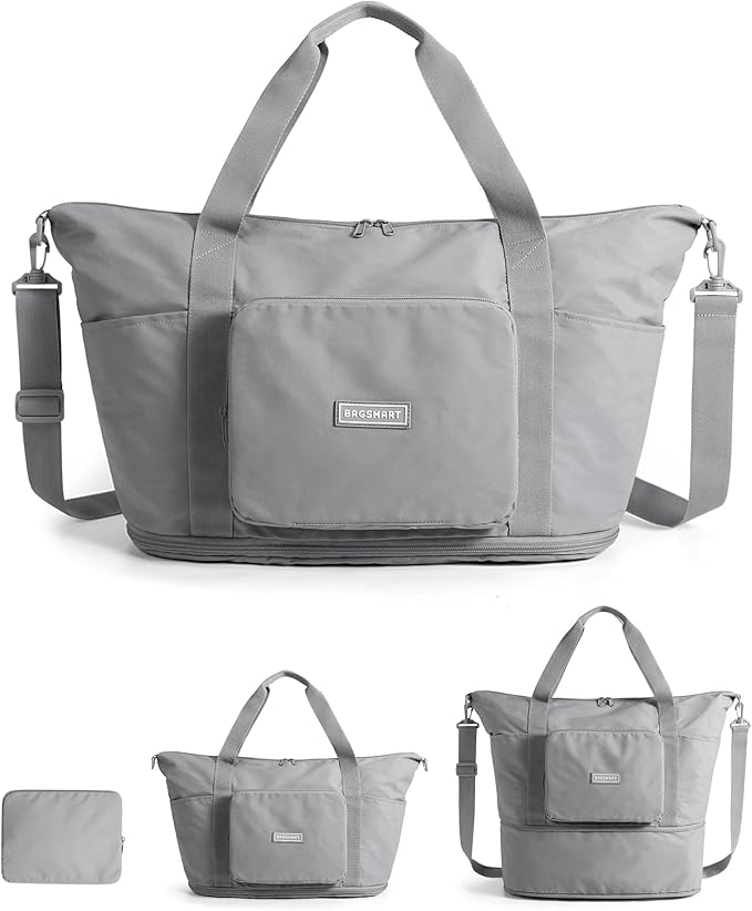 BAGSMART Foldable Travel Bag, 37L Expandable Personal Item Bag, Lightweight Weekender Bags for Women, Water Resistant Extra Carry on for Travel, Gray