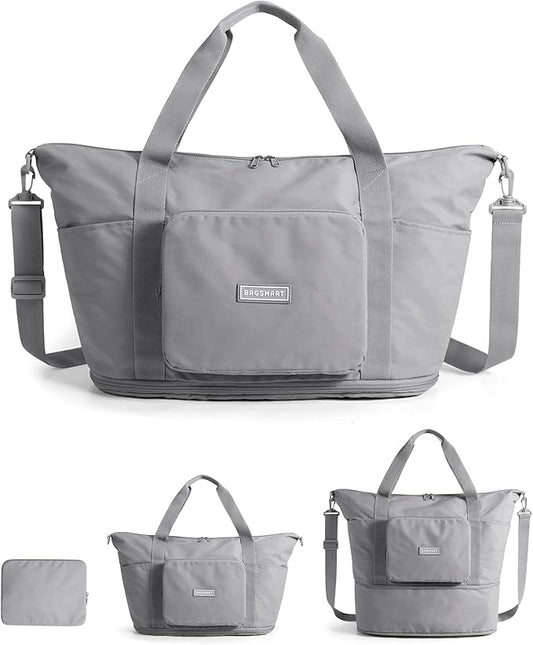 BAGSMART Foldable Travel Bag, 37L Expandable Personal Item Bag, Lightweight Weekender Bags for Women, Water Resistant Extra Carry on for Travel, Gray