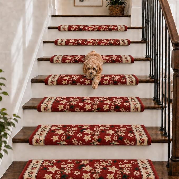 Rounded Bullnose Carpet Stair Treads for Wooden Steps Indoor, No Tape Non Slip Step Mats with TPU Backing & Steel Reinforced Edge for Dogs Elders,Red Floral,2