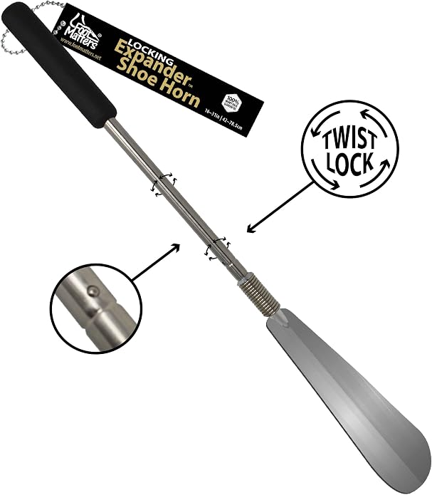 FOOTMATTERS Expander Shoe Horn Extra Long Handle - Twist to Lock - Extends 16 to 31 inches