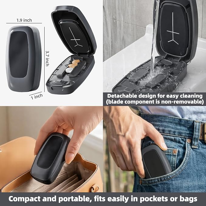 Pill Cutter Splitter with Adjustable Slot, 1/2 1/3 1/4 Even Splitting for Small Large Pills, Oval Long Tablets & Vitamins, Dual Fixing Clips, Multi-Pill Cutting, Hidden Sharp Blade (Black)