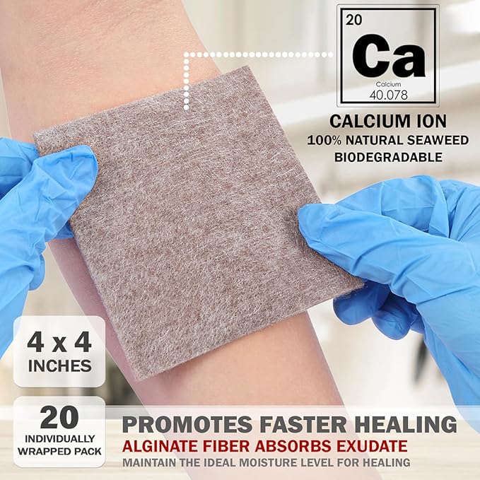 EVERLIT AG Silver Calcium Alginate Wound Dressing | Absorbent Non-Stick Sterile Dressing Pad | Gentle Hemostatic Gauze with Natural Gelling Fiber for Wound Care (4" x 4" | Pack of 20)