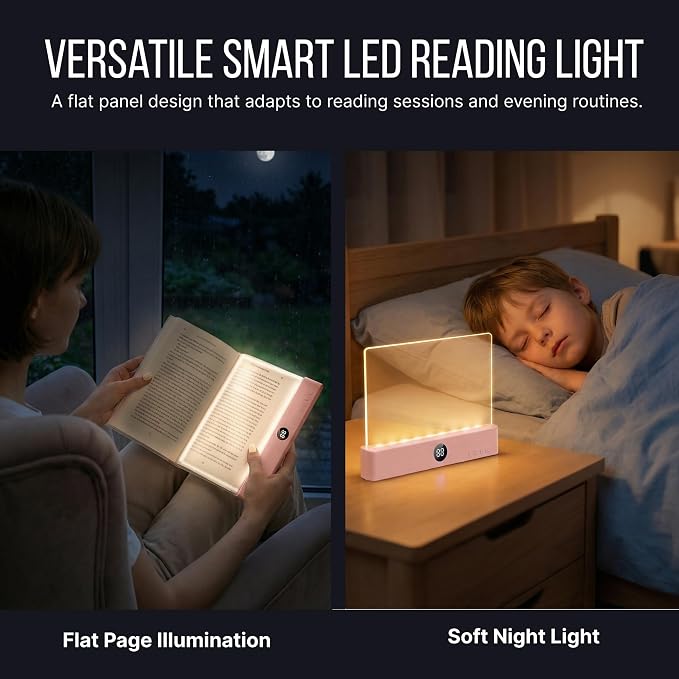 Book Reading Light Flat Screen Smart LED - Full Page Panel Lights for Books Reader in Bed at Night - Rechargeable Portable Dimmable Clear Study Lamp 3 Colors Timer for Bedside Travel (Pink)