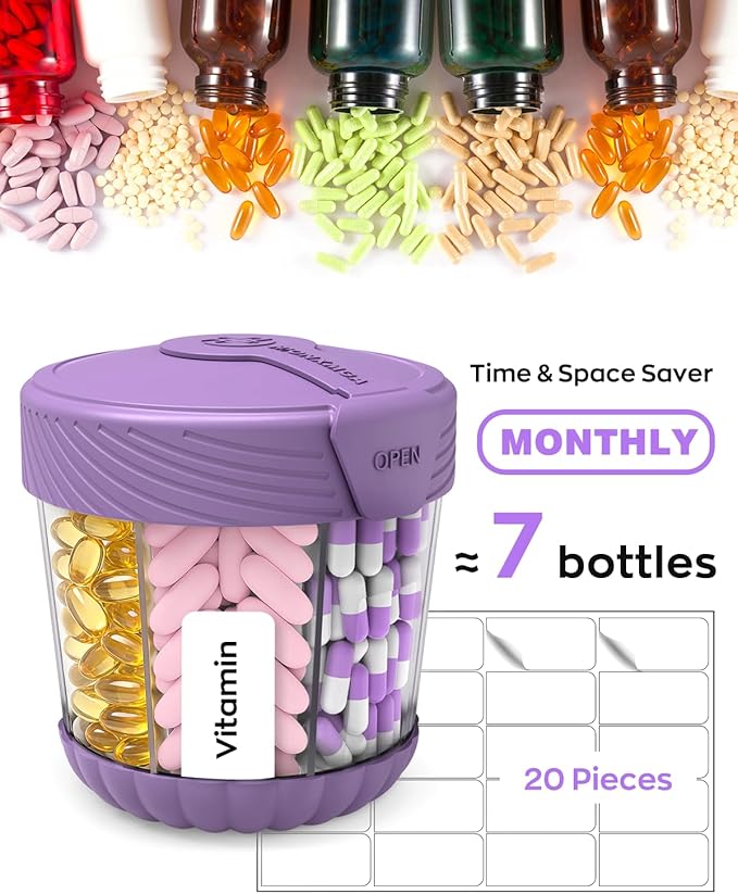 Cute Pill Dispenser with 7 Large Compartments, Portable Pill Bottle Organizer with Wide Opening for Travel, Anti-Mixing Pill Container, Shatterproof BPA-Free, Includes 20 Pcs Labels, Purple