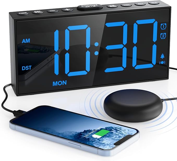 Mesqool Loud Alarm Clock with Bed Shaker & Dual Alarms, USB Port | Extra Loud Vibration Alarm Designed for Heavy Sleepers & Hearing Impaired. 5-level Dimmer, Battery Backup, Snooze & DST.