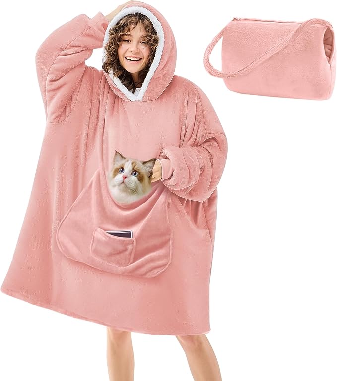 JOYWOO Pink Foldable Wearable Blanket Hoodie,Oversized Cat Lovers Sweatshirt Blanket for Adult, Birthday Gifts for Women,Mom,Men,Cozy Sherpa Hooded Blanket with Giant Pocket and Winter Gifts