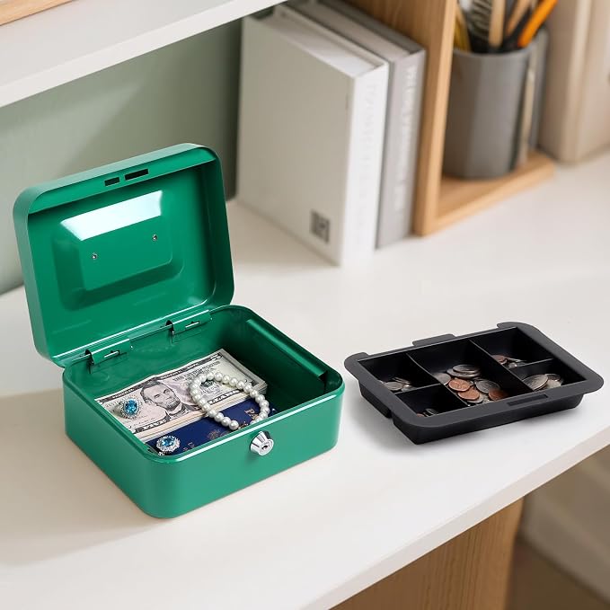 Jssmst Medium Cash Box with Key Lock - Durable Metal Cash Box with Money Tray, Green, Medium