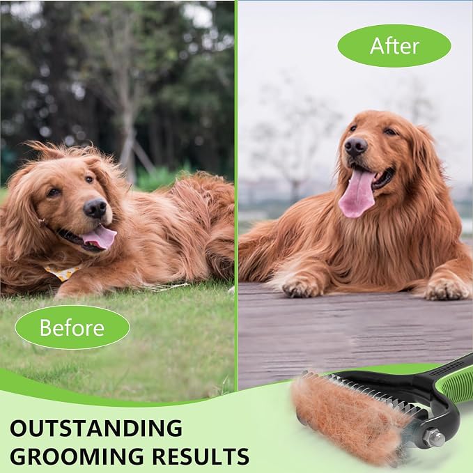 STALTWO Pet Grooming Supplies - 2-in-1 Professional Undercoat Rake and Pet Brush | Shedding Control for Long Haired Dogs and Cats, Deshedding Tool, Pet Grooming for Dogs and Cats, Green