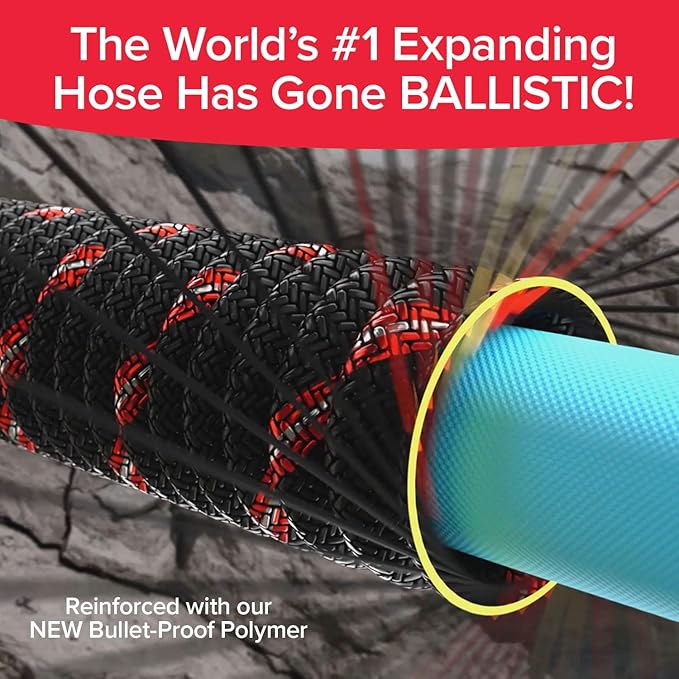 Pocket Hose Ballistic 75 FT Expandable Garden Hose, No-Kink, As Seen on TV | Anti-burst sleeve reinforced with bulletproof fiber, 360° swiveling pocket pivot connector, lightweight compact design