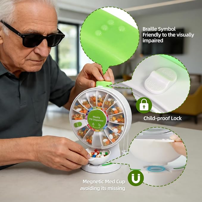 EziMedPil Pill Dispenser with One-Press Button & Braille Symbol for Seniors | No-Flip Design Wall-Mounted or Free-Standing with Med Cup & Tweezers for Medicine Hygienic, 14-Day Organizer for Vitamins
