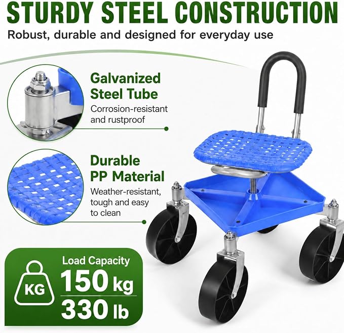 Rolling Garden Seat with Wheels, Adjustable Garden Scooter Stool with Backrest,Garden Cart with Tool Storage Tray & Backpack, Gardening Work Seat for Weeding, Planting, Yard Work (Without Backpack 1)