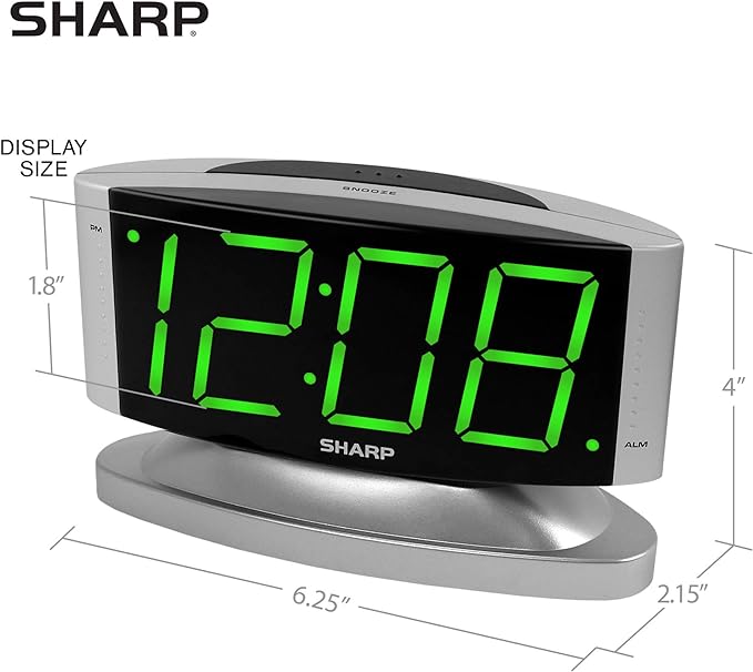 Sharp Home LED Digital Alarm Clock – Swivel Base - Outlet Powered, Simple Operation, Alarm, Snooze, Brightness Dimmer, Big Green Digit Display, Silver Case