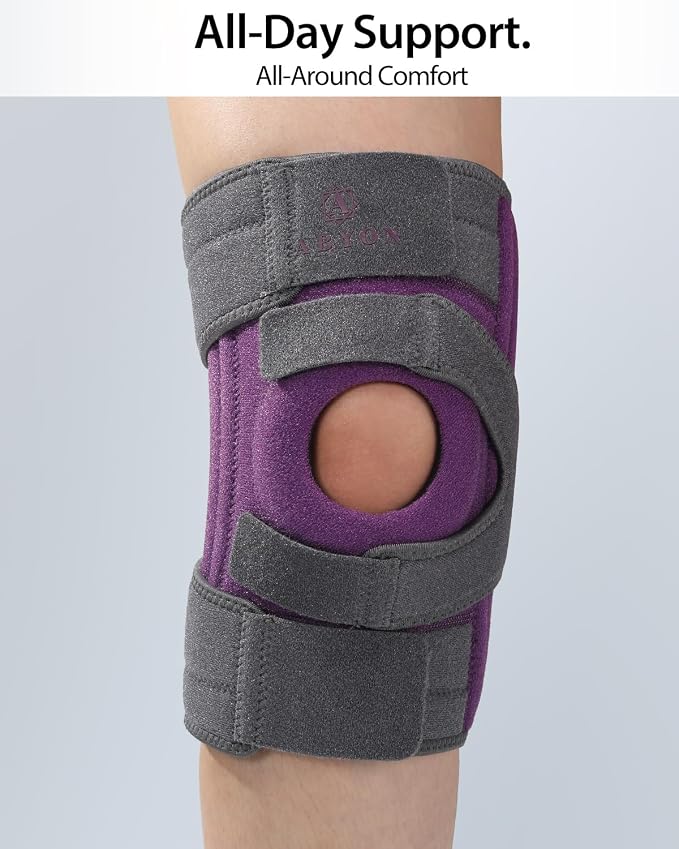 ABYON Knee Brace for Women & Men Meniscus Tear, ACL, Arthritis, Knee Support with Triple Side Stabilizers and Adjustable 360° Wraparound Strap for Maximum Knee Pain Support and Fast Recovery (Gray-Magenta, L)