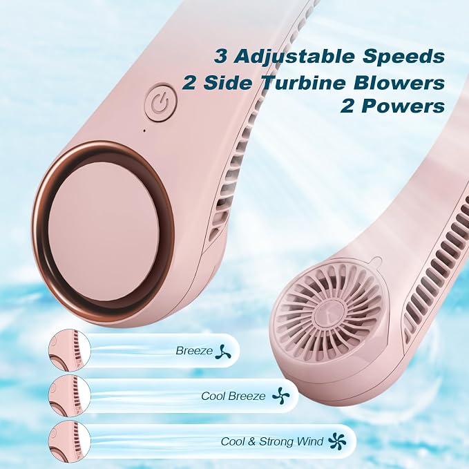 CIVPOWER Neck Fan: Portable Personal Neck Cooling Rechargeable Bladeless Fan - Hands Free 3 Speed 4000 mAh Battery USB Operated Wearable Headphone Design - Gift for Men Women Outdoor (Pink)