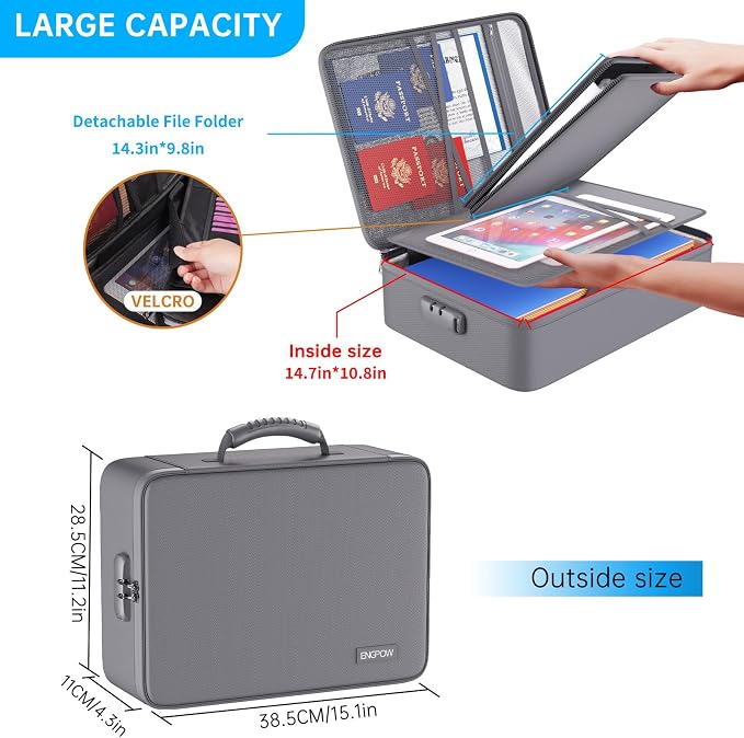 ENGPOW Fireproof File Organizer Bag with 13 Pockets Accordion File Folder | 5200℉ Document Organizer Box with Lock & Labels, Multi-Layer, Portable Home Safe Storage for Important Documents, Gray