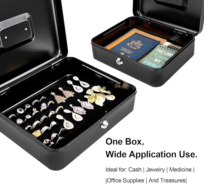Jssmst Cash Box with Key Lock, Money Box with Cash Tray, Lock Box, Black, Large