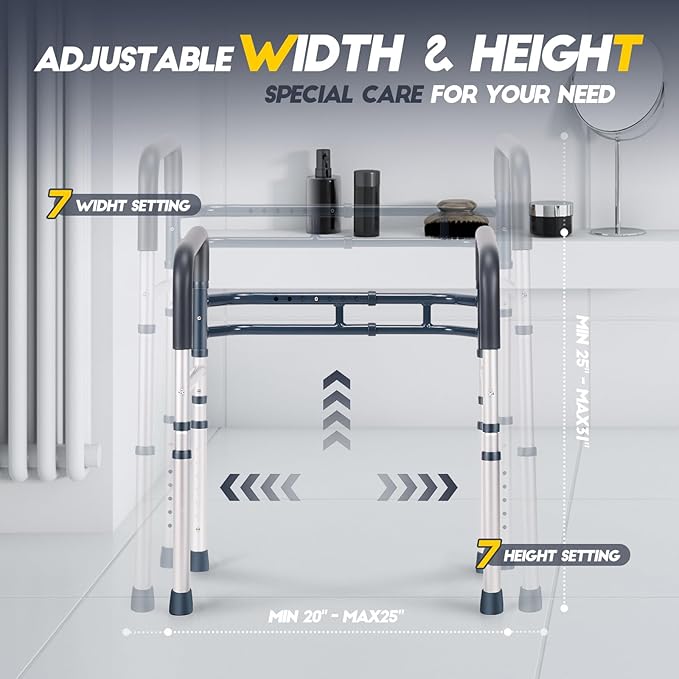 Toilet Safety Rails, Folding & Portable Bathroom Toilet Handles for Elderly, Seniors, Handicap & Disabled, Adjustable Toilet Safety Frame Fit Any Toilets (350 LB)