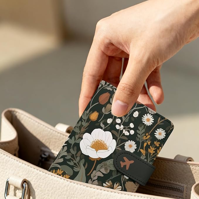 Passport Holder, Cute Travel Wallet Cover with RFID Blocking,flower | PU leather travel wallet with magnetic closure, card slots, pen loop, and easy access for passports and essentials.