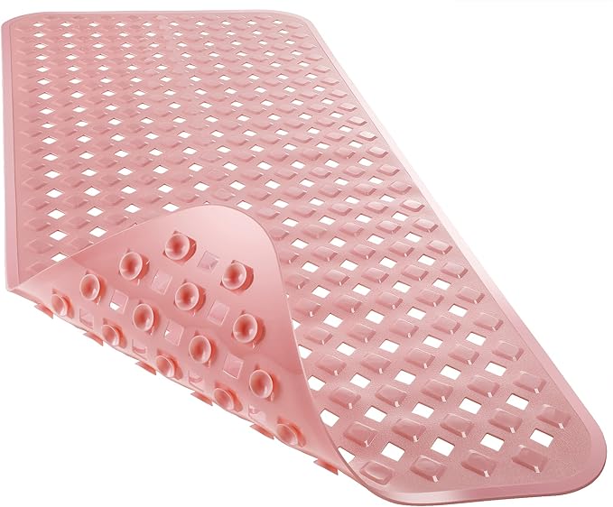 Yimobra Non Slip Bath Mat, Super Strong Suction Cups,34.5"x15.5"Long Tub Mat with Drain Holes, Machine Washable Fast Draining Shower Mats, Bathroom Essentials,Pink
