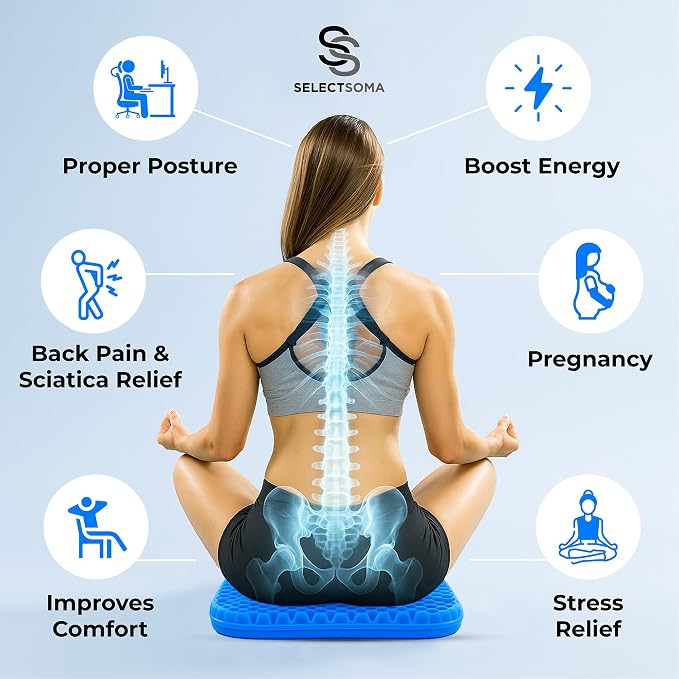 SelectSoma Gel Seat Cushion for Long Sitting, Pressure Relief for Sciatica, Tailbone, Coccyx & Back Pain, Office Chair, Wheelchair, Car & Truck – Standard Size Blue Gel